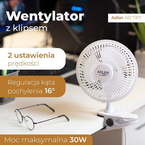 Настільний вентилятор Adler AD 7317, 15 см, з кліпсою та підставкою, 2 швидкості, 30 Вт AD 7317 фото